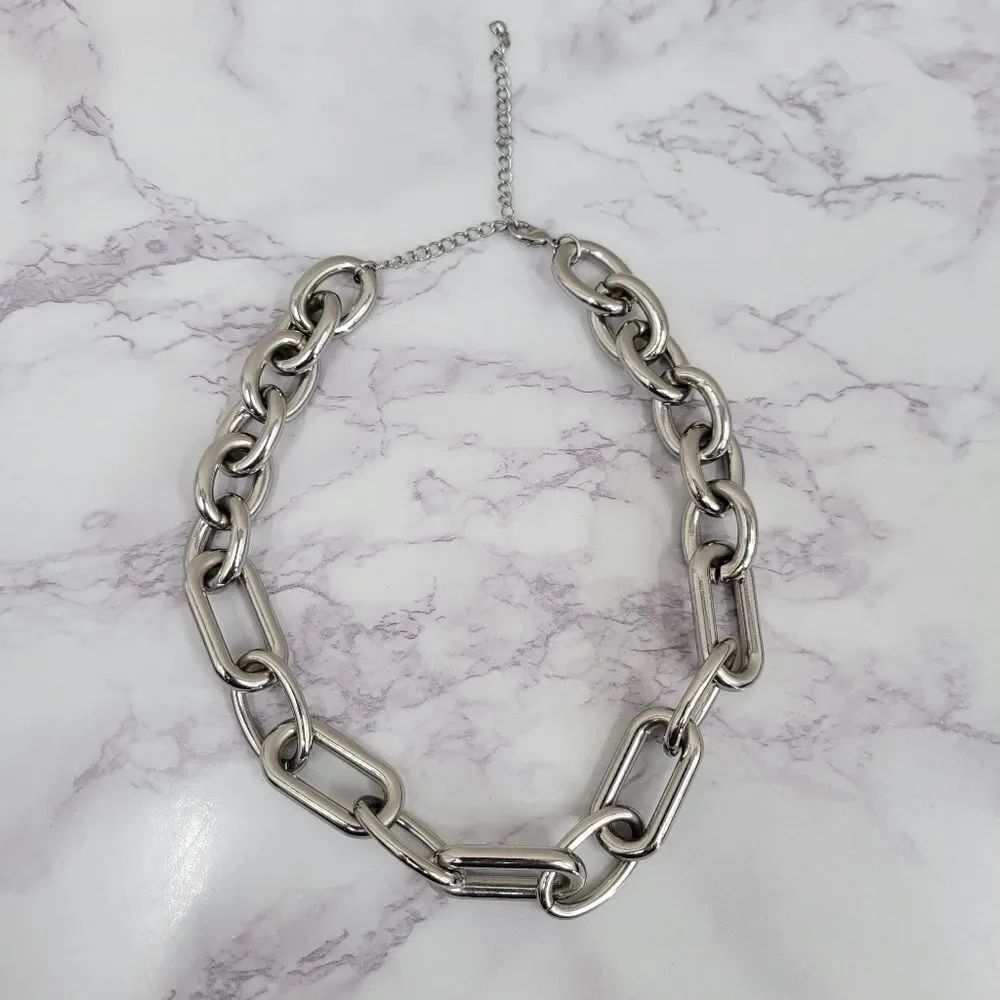 Chunky Silver Tone Chain Link Necklace - Women's Jewelry Chrome Stainless Steel